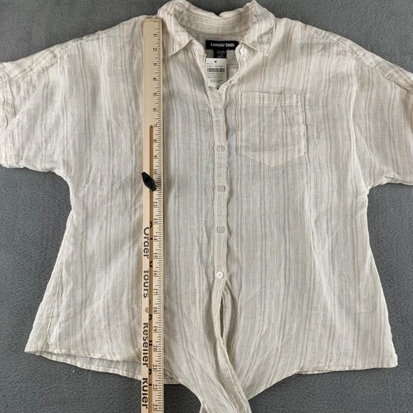 Lands’ End Linen Tie Front Shirt Soft Neutral Striped Coastal Boho Sustainable - Picture 4 of 7